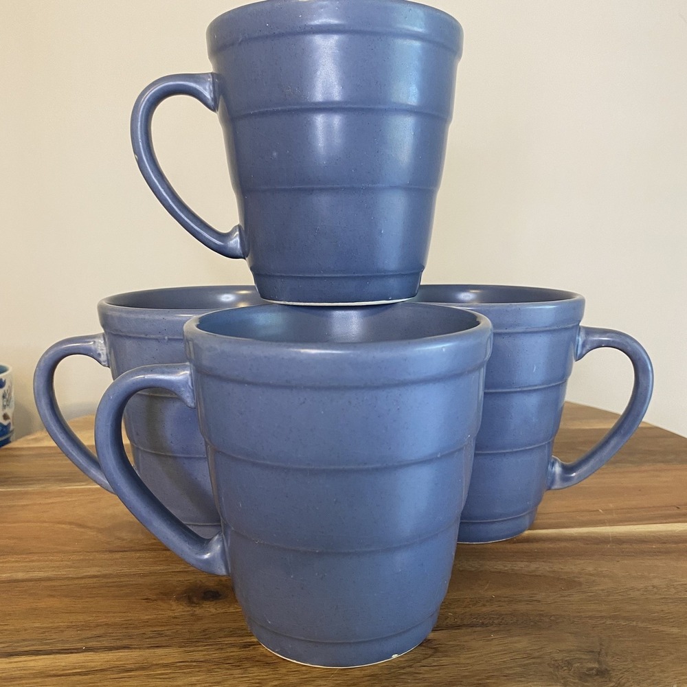 (4) Villa Romana Mug Blue Textured Cup Hand Made in Italy 16oz Cottagecore VTG